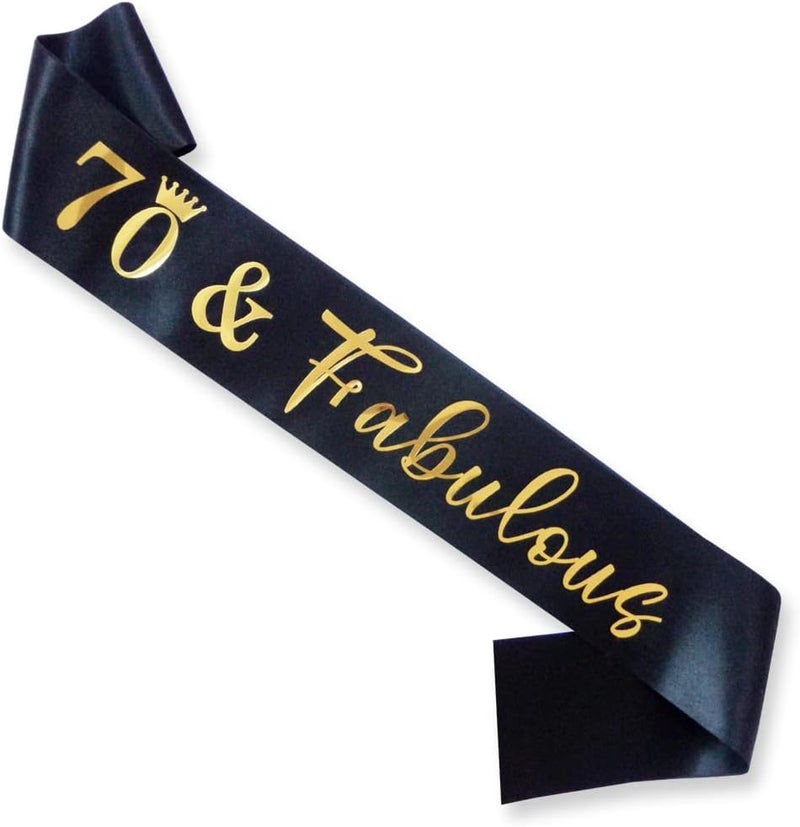 Docooniver 70th Birthday Sash for Women and Men 70&Fabulous Sash Black with Gold Foil Lettering - Image 2